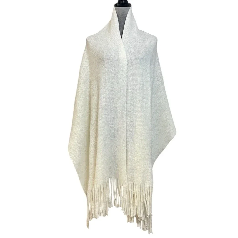 Steve Madden Shawl Wrap Scarf OS Ivory Rectangle Fringe Long Comfy Cozy Winter